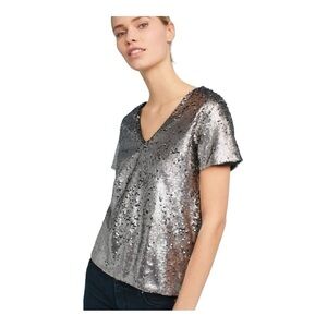 Anthropologie Vanessa Virginia Silver Sequin V Neck Top Short Sleeve XL